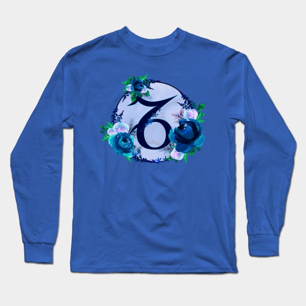 Capricorn Zodiac Horoscope Blue Floral Monogram Long Sleeve T-Shirt by bumblefuzzies